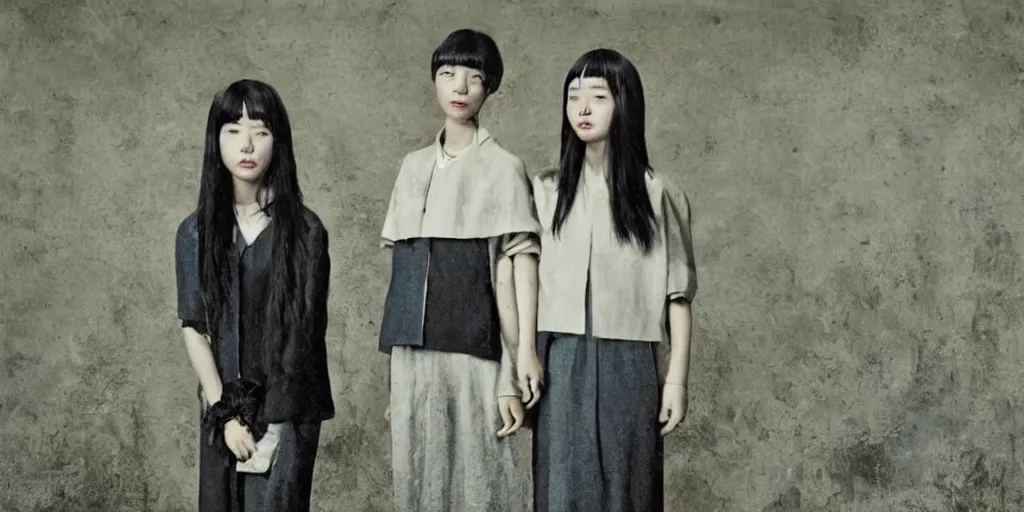 Prompt: Two young Korean women who are twins, in a fashion shoot for streetwear by Margiela, painted in the style of Andrew Wyeth