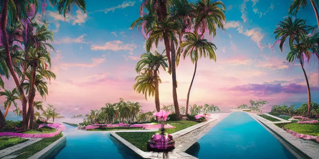 Prompt: artgem masterpiece, hyperrealistic surrealism, award winning masterpiece with incredible details, epic stunning, infinity pool, a surreal vaporwave liminal space, highly detailed, trending on ArtStation, calming, meditative, pink arches, flowing silk sheets, palm trees, very vaporwave, very very surreal, sharp details, dreamscape