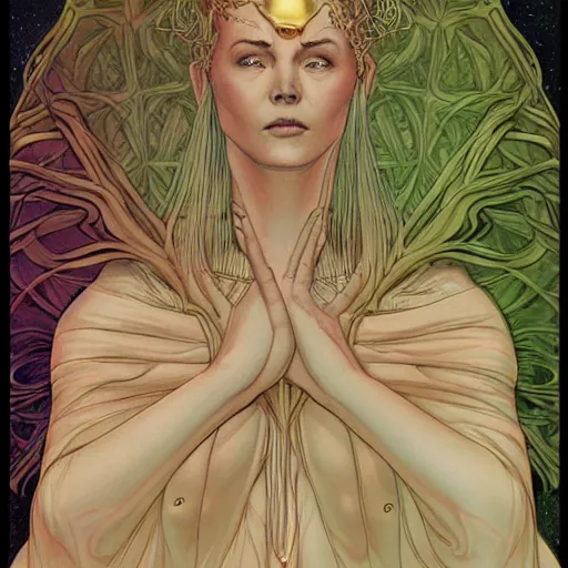 Image similar to an ancient goddess, by Moebius and jenny Frison, chromostereopsis