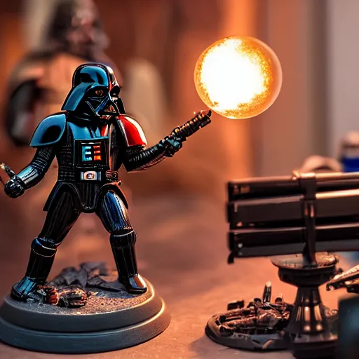 Image similar to Darth Vader collects miniature battles of Warhammer 40,000 space marine figurines on his desktop at a table with a bright lamp, realism, depth of field, focus on Darth Vader,