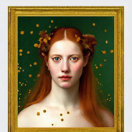 Image similar to portrait of a young woman, among the lights of golden fireflies and nature, long loose red hair, intricate details, green eyes, hint of freckles, round gentle face, happy, deep focus, smooth, sharp, golden ratio, hyper realistic digital art by artemisia lomi gentileschi and caravaggio and artgerm