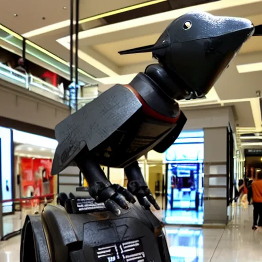 Prompt: Crow T Robot at the mall