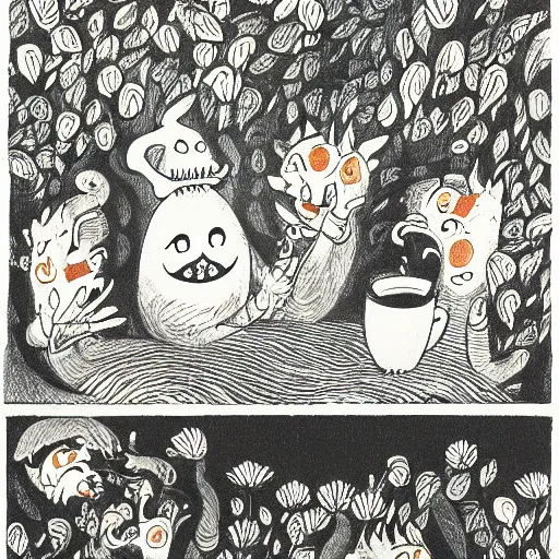 Image similar to highly detailed illustration of friendly monsters laughing and dancing around beautiful steaming cups of coffee, amongst coffee beans and flowers, and rainbows in the style of Japanese illustration, Maurice Sendak, Tove Jansson