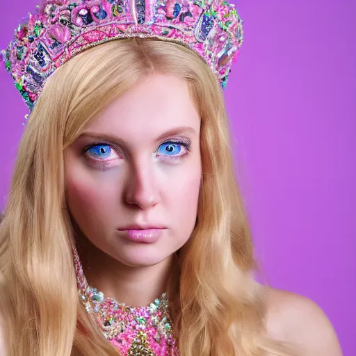 Image similar to close up headshot of a princess with long blonde hair and blue eyes wearing a strapless elaborately beaded pink dress, high resolution film still, 8k, HDR color, film by Simon Langton and David Frankel, gazing eyes