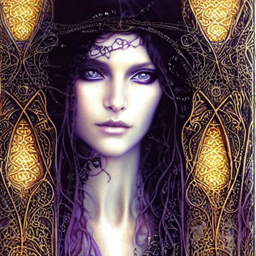 Image similar to a closeup portrait of a beautiful female art nouveau bohemian cyberpunk musician in filigree fractal robes by ted nasmith and luis royo