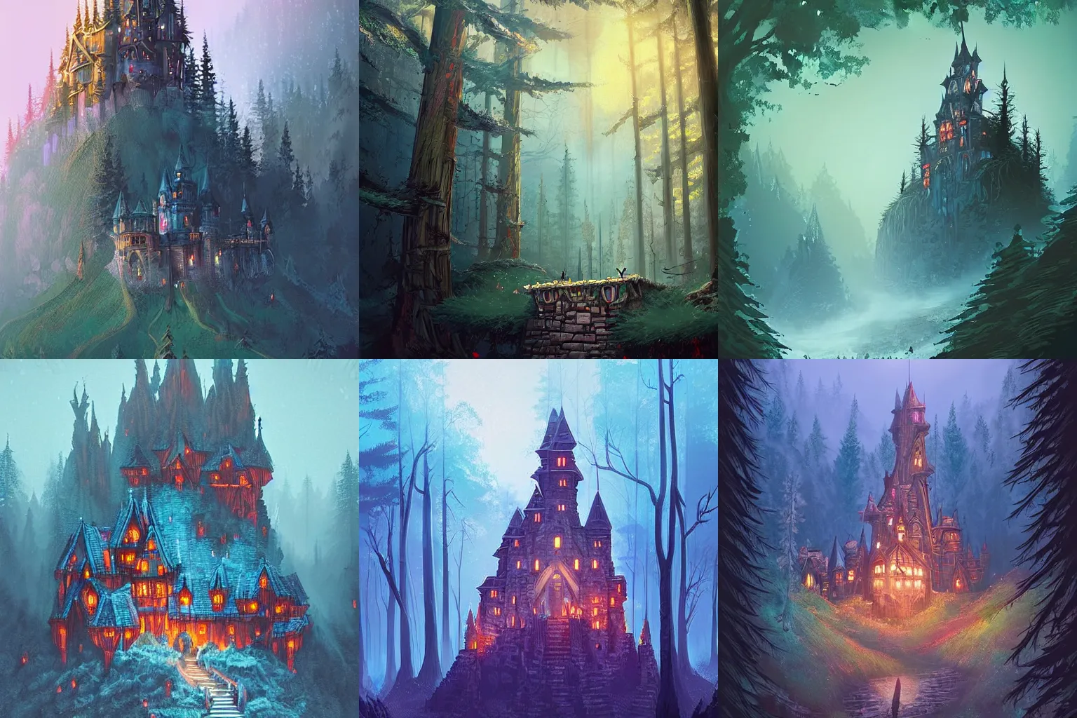 Prompt: An epic fantasy castle hidden in an old growth forest, digital art by Alena Aenami