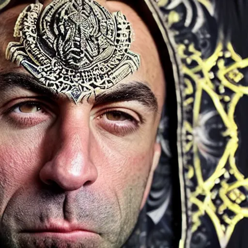 Prompt: joe rogan wearing mage armor, hyper realistic, close up, symmetrical, 4 k, highly ornate intricate details,