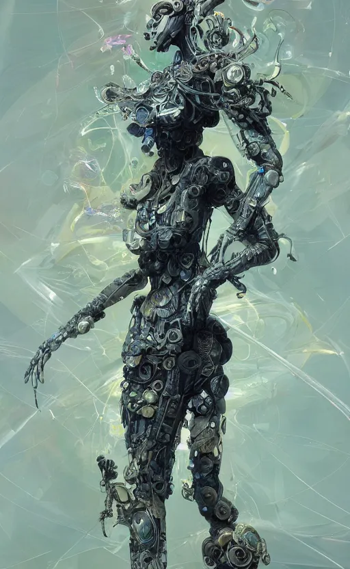 Prompt: hard surface form fused with organic form fashion outfit design, rainbow iridescent accents, full body frontal view, Peter mohrbacher, zaha hadid, tsutomu nihei, emil melmoth, zdzislaw belsinki, Craig Mullins, yoji shinkawa, trending on artstation, beautifully lit, hyper detailed, insane details, intricate, elite, ornate, elegant, luxury, CGsociety, hypermaximalist, golden ratio, octane render, weta digital, micro details, ray trace, 8k