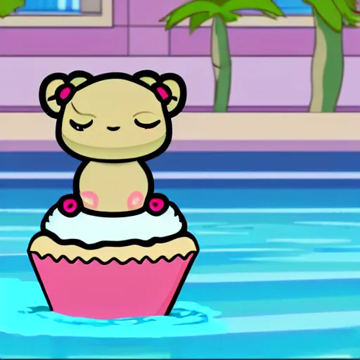 Image similar to a kawai cupcake character wearing a speedo about to dive in a swimming pool