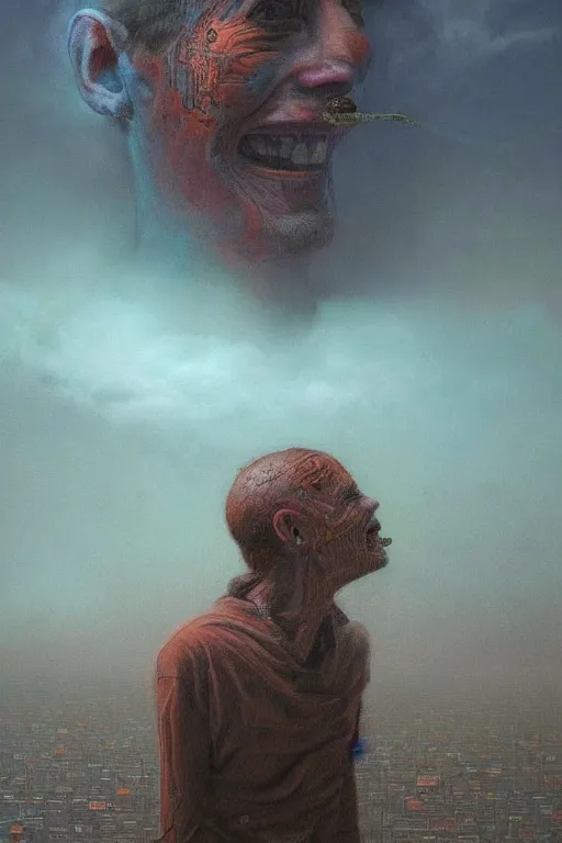 Prompt: 4K Stunningly detailed Ancient Beautiful portrait of a Smile inspired in beksinski and dan mumford work, remixed with Simon Stalenhag work, sitting on the cosmic cloudscape