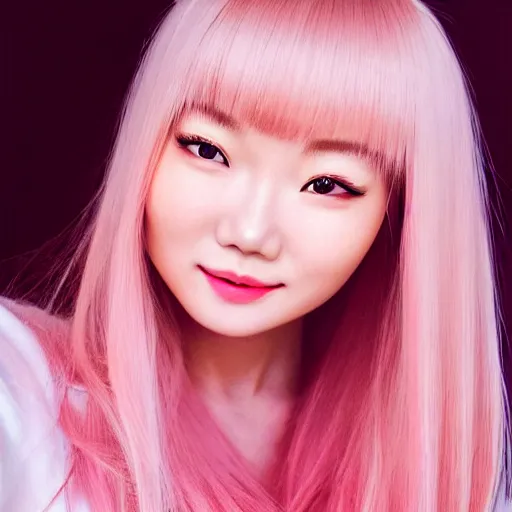 Prompt: beautiful hyperrealism selfie of nikki 苏 暖 暖 from shining nikki, a cute 3 d young woman smiling softly, long light pink hair and full bangs, flushed face, red blush, small heart - shaped face, soft features, amber eyes, chinese heritage, golden hour, 8 k, sharp focus, instagram