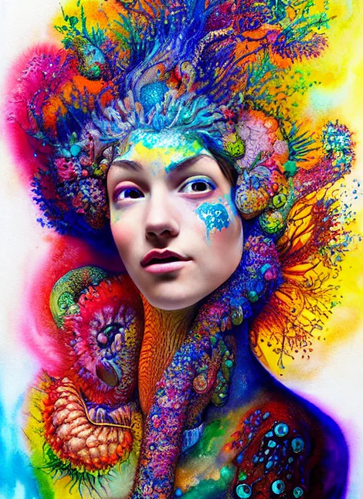 Prompt: excited ridiculously beautiful young woman covered in paint, in the style of ernst haeckel, effervescent, warm, dark, watercolor, deep mood, hyperrealism, epic and cinematic,
