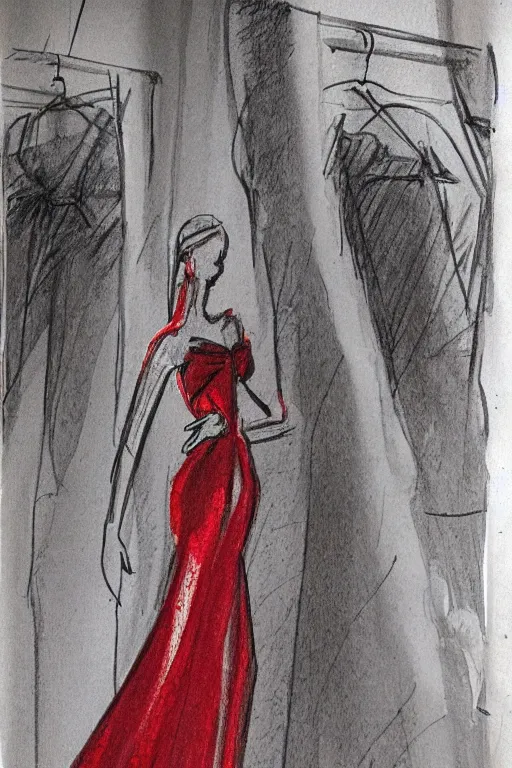 Prompt: a croquis illustration of a beautiful red gown