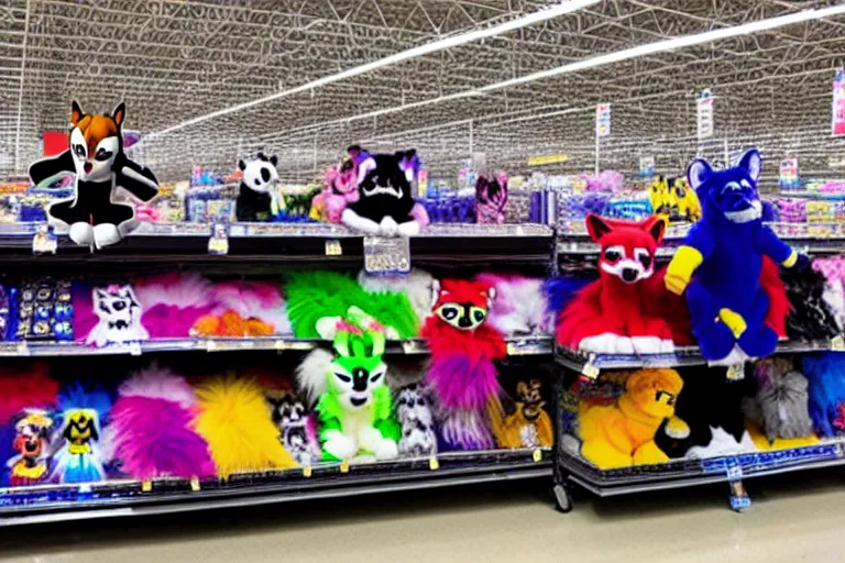 Prompt: photo of fursuits for sale at walmart on black friday