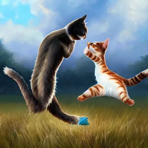 Prompt: cat fighting with goose, field in background, high details, art by artgerm, trending on artstation