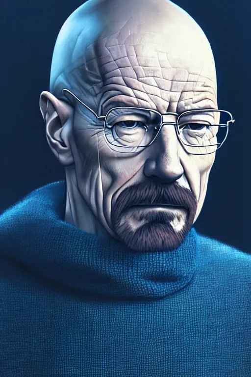 Image similar to portrait of a walter white as sapphire herald in an elegant winter sweater, by makoto shinkai, by akihiko yoshida, by zdzislaw beksinski, by dariusz zawadzki, artbook, tone mapped, deep blues, shiny, soft lighting