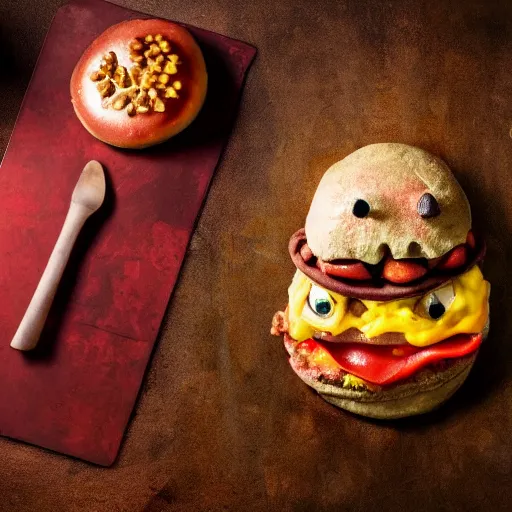 Image similar to a humanoid bipedal upright zombie that strongly resembles a hamburger, professional food photography