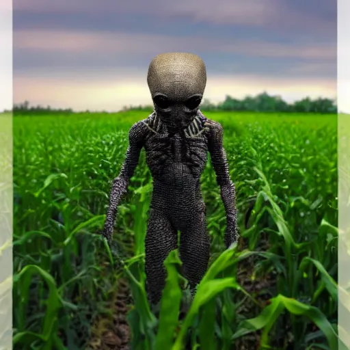 Image similar to found footage grainy photo of an alien creeping through a corn field