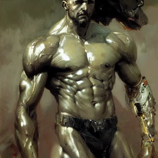 Image similar to muscular male cyborg, muscle, painting by gaston bussiere, craig mullins, greg rutkowski, yoji shinkawa