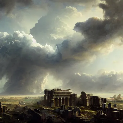 Prompt: Panorama view of a hurricane lifting the ruins of an ancient city into a sea of clouds, flying island, oil painting, by Greg Rutkowski