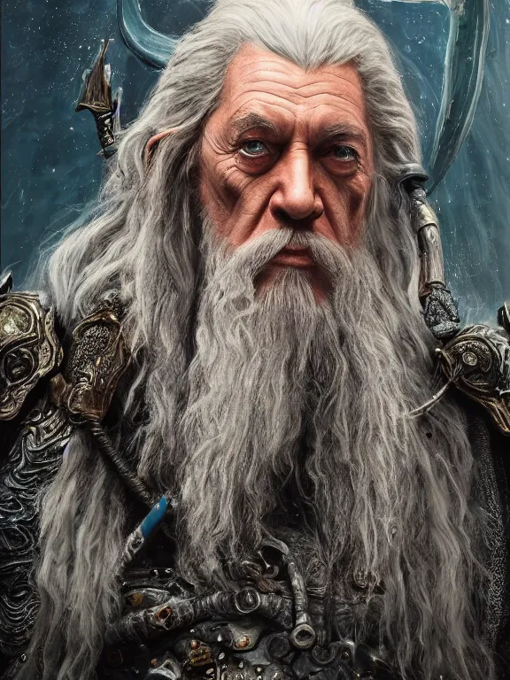 Image similar to portrait art of 8k ultra realistic Gandalf, detailed intricate ornate armour,decaying, cybernetic, full of colour, cinematic lighting, battered, trending on artstation, 4k, hyperrealistic, focused, extreme details,unreal engine 5, cinematic, masterpiece, art by ayami kojima, giger