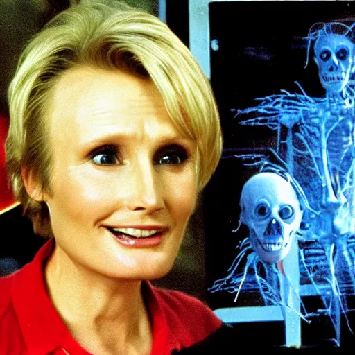 Image similar to john voight is a ghostbuster, capturing jane lynch horrible scary poltergeist, practical effects, monster makeup, gritty film, melting face, skeletal scream