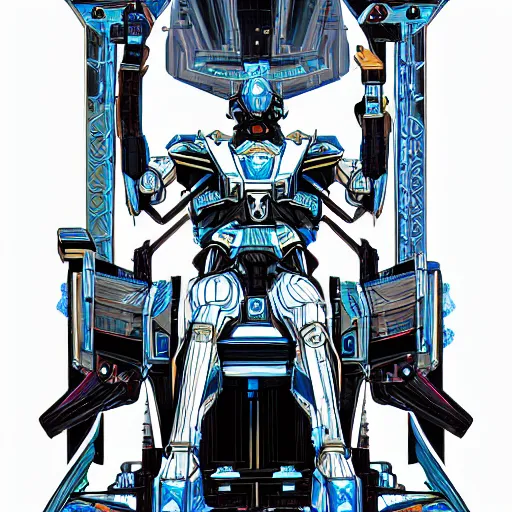 Prompt: Greek God in Mecha style, seated on a throne, front view, totally symmetrical, in the graphic style of Matt Sanz and DC Comics, hyper detailed, trending on artstation, glow