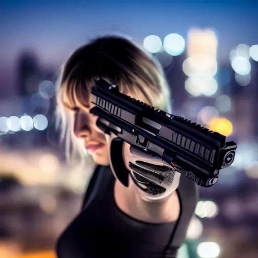 Image similar to photographic portrait of a techwear woman holding a Glock 18, closeup, on the rooftop of a futuristic city at night, sigma 85mm f/1.4, 4k, depth of field, high resolution, 4k, 8k, hd, full color