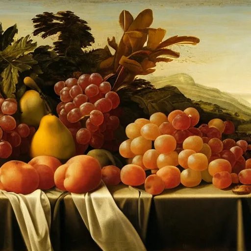 Prompt: A renaissance painting of fruits on a table