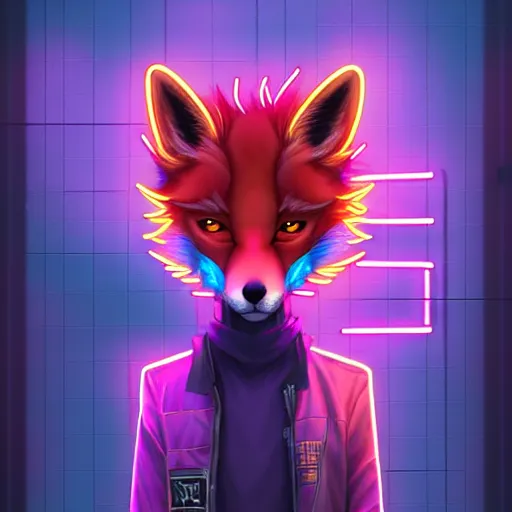 Prompt: beautiful furry digital art portrait commission of an androgynous furry anthro fox fursona wearing punk clothes in the streets of a cyberpunk city. neon signs. character design by charlie bowater, ross tran, artgerm, and makoto shinkai