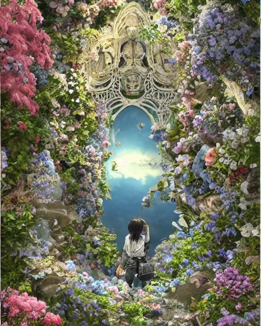 Image similar to photo of a portal to paradise, 8 k high definition, flowers, machines, insanely detailed, intricate, art by akihiko yoshida, antilous chao, woo kim