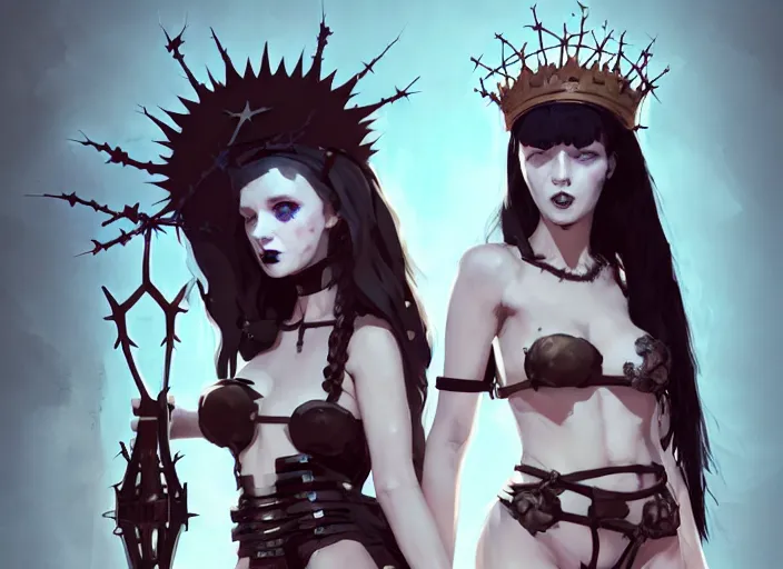 Image similar to portrait of two cute goth maiden girls with crown of thorns and white short hairs, dressed in belts bikini, warhammer, cyberpunk, by atey ghailan, by greg rutkowski, by greg tocchini, by james gilleard, by joe gb fenton, by kaethe butcher, dynamic lighting, gradient light blue, brown, blonde cream and white color in scheme, grunge aesthetic