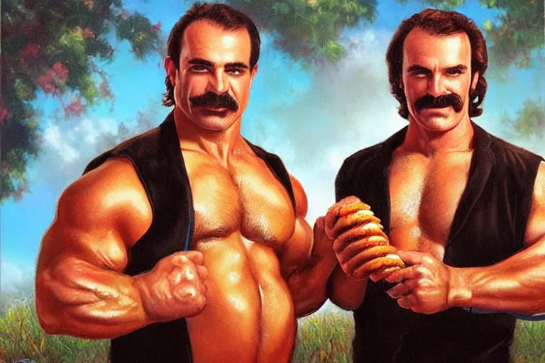 Prompt: portrait of wwf rick rude and wwf jake roberts sharing hotdogs, an oil painting by ross tran and thomas kincade