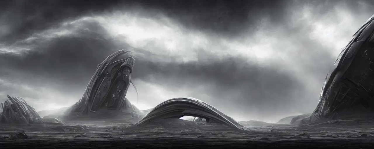 Image similar to a large ominous and geometric spaceship, streamlined and very large and long floating over a barren dry land with an epic cloud formation on the background by HR GIger, Dariusz Zawadzki, Neil blevins, Feng Zhu, gustave doré, zhuoxin ye, very detailed, octane render, 8k, oranate and brooding, scary and dark, canon 24mm lens