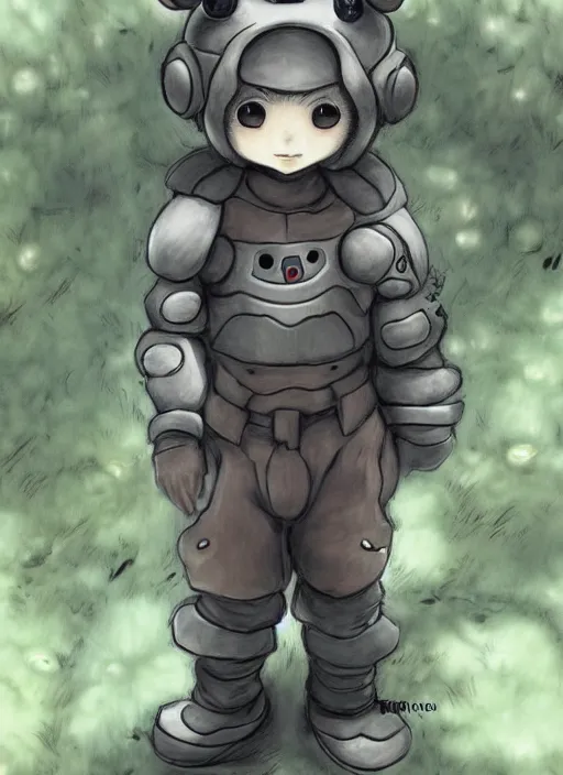 Image similar to beautiful little boy wearing an cyborg bear suit, artwork in kentaro miura and made in abyss and rosdraws, smooth, beautiful lightness, anatomically correct, trending on pixiv, forest