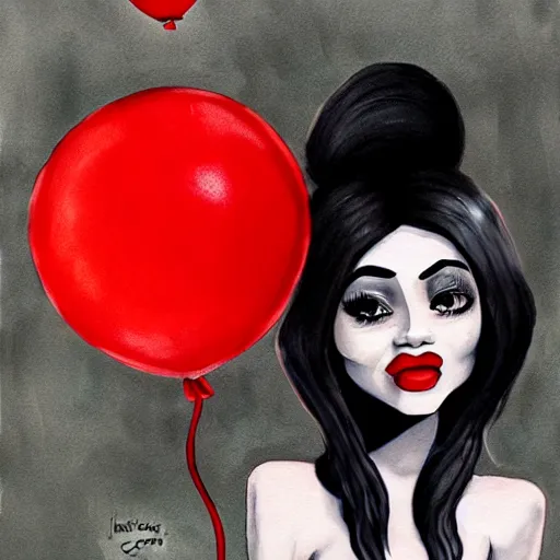 Image similar to grunge cartoon painting of kylie jenner with a wide smile and a red balloon by chris leib, loony toons style, pennywise style, corpse bride style, horror theme, detailed, elegant, intricate