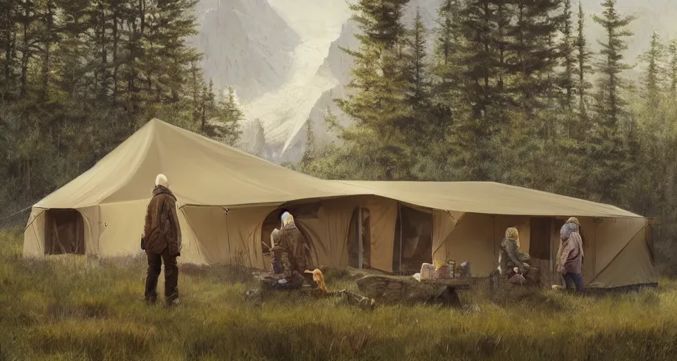 Image similar to cabela's beautiful comfortable modular insulated wall kit - house all weather family dwelling tent house, person in foreground, mountainous forested wilderness open fields, beautiful views, painterly concept art, joanna gaines, environmental concept art, farmhouse, magnolia, concept art illustration, by james gurney, by craig mullins, by greg rutkowski trending on artstation