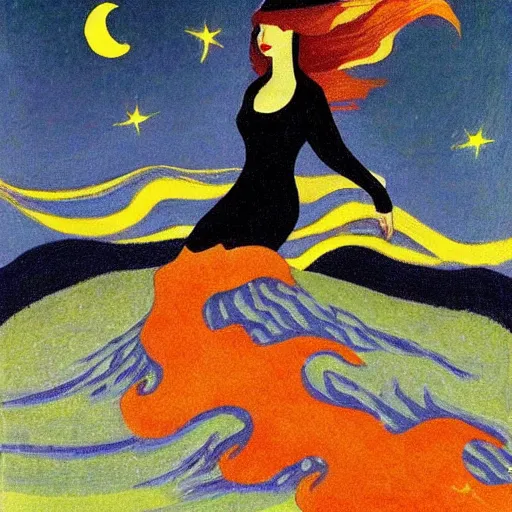 Prompt: spaceghost coast to coast by robert antoine pinchon. a beautiful print of a woman with long flowing hair, wild animals, & a dark, starry night sky.