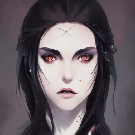 Image similar to female human vampire witch in the style of greg rutkowski, makoto shinkai, trending on artstation, character design, concept art, pretty face, highly detailed, long black hair, portrait, digital art