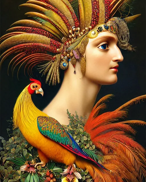 Prompt: hyperrealistic detailed face portrait of the beautiful goddess of the golden pheasants with an intricate headgear of golden pheasant, red berries, leaves, field flowers, pears, apples, art by ernst haeckel, john william godward, android jones, h. r. giger, gothic - cyberpunk, ornamental,