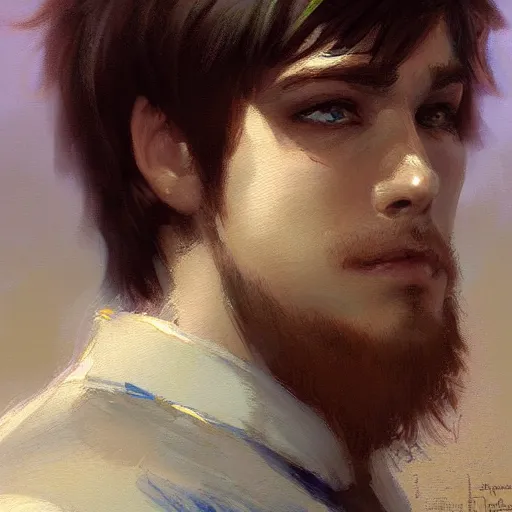 Prompt: A handsome, cute emo guy, close-up painting by Gaston Bussiere, Craig Mullins, trending on artstation, artstationHD, artstationHQ, artstation digital artwork