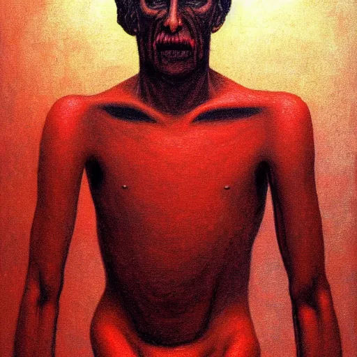 Prompt: a petrified man in the middle of a red floor in the style of Zdzisław Beksiński