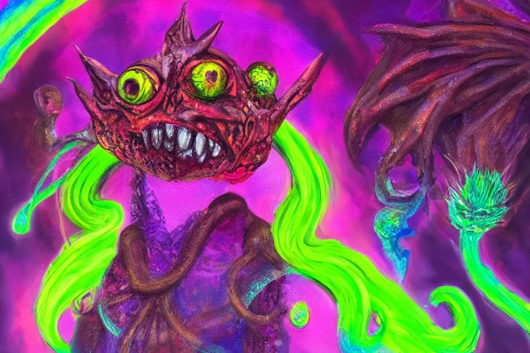 Prompt: chaos chuul spore servant gorgonops, painted by alicia austin and teddy harvia, trending on artstation, dramatic magenta lighting fish eye symbolism, hdr, portrait, iridescent colors, gond painting