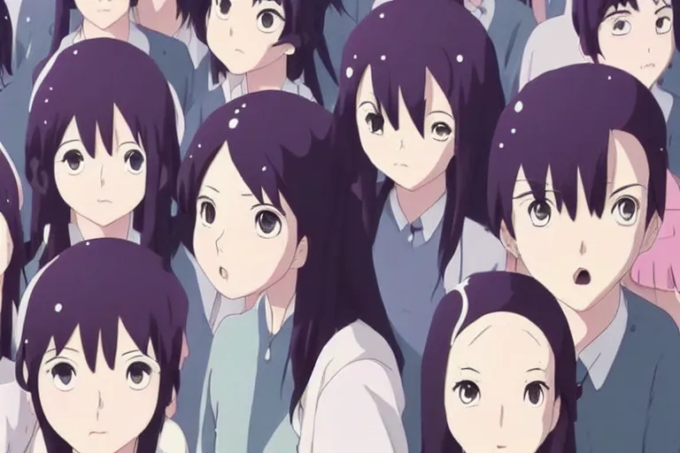 Prompt: pretty!!!! anime women with symmetric!!!! faces looking horrified!!!!! at the viewer, by makoto shinkai, studio ghibli