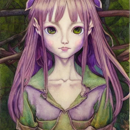 Prompt: little elf girl, tunic, soft hair. light color palate, purple, yellow and white. detailed soft painting, ayami kojima, made in abyss, anatomically correct, inspired in balthus, high detailed face anime, vogue magazine