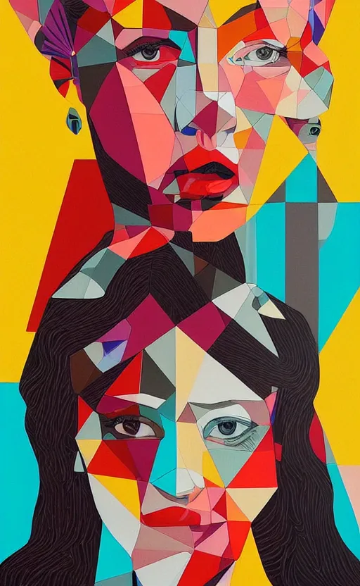 Prompt: portrait of beautiful woman in block colours with geometric shapes features by james jean
