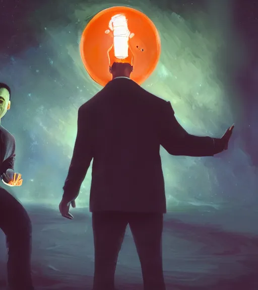 Prompt: will smith slapping elon musk, digital painting, liminal eerie midnight backlit, a picture taken by Michael Komarck and Daniel Ljunggren