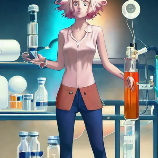 Image similar to British Pokemon original character with wild peach colored hair and heterochromia, Pixar style, beautiful woman, scientist, standing in a lab in front of a giant containment liquid filled tank, by Tristan Eaton Stanley Artgerm and Tom Bagshaw, Makoto Shinkai ilya kuvshinov and Wojtek Fus