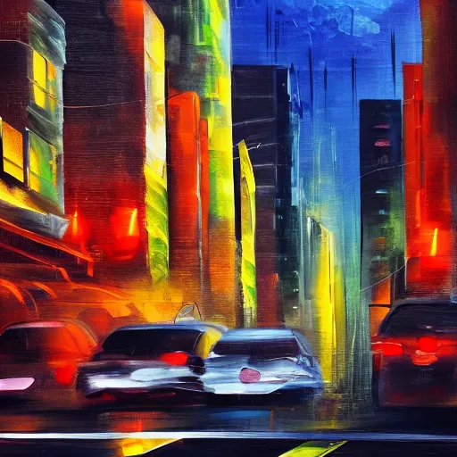 Image similar to city streetscape, dark road with cars, people at night, tall buildings with shops below at street level, neon lights above shops, headlights and stop lights illuminating surroudings, raining, very dark lighting, abstract oil painting