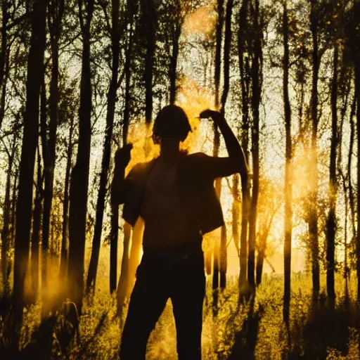 Prompt: a still of a 20's something man hippie standing in a large field of living plants. Magic hour, backlit, lens flare, smoke in the air.